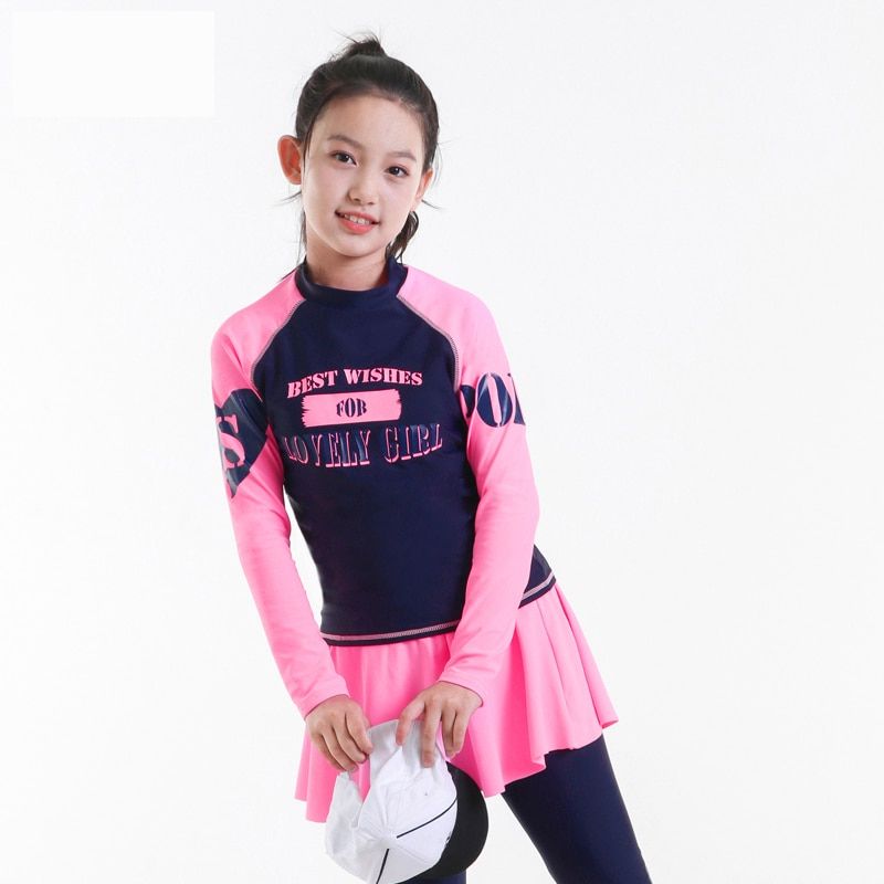Teenager Girl Rashguard Swimsuit Long Sleeve Padded Shirt Pants With Skirt Chindren Kids Beach Wear 10-16Y Pink