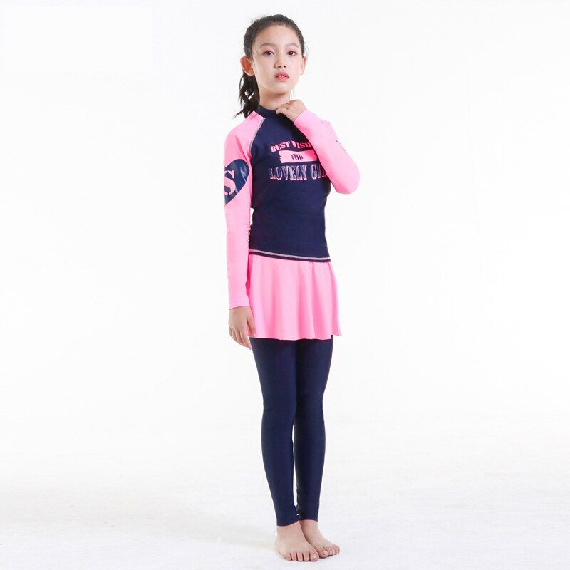 Teenager Girl Rashguard Swimsuit Long Sleeve Padded Shirt Pants With Skirt Chindren Kids Beach Wear 10-16Y Pink