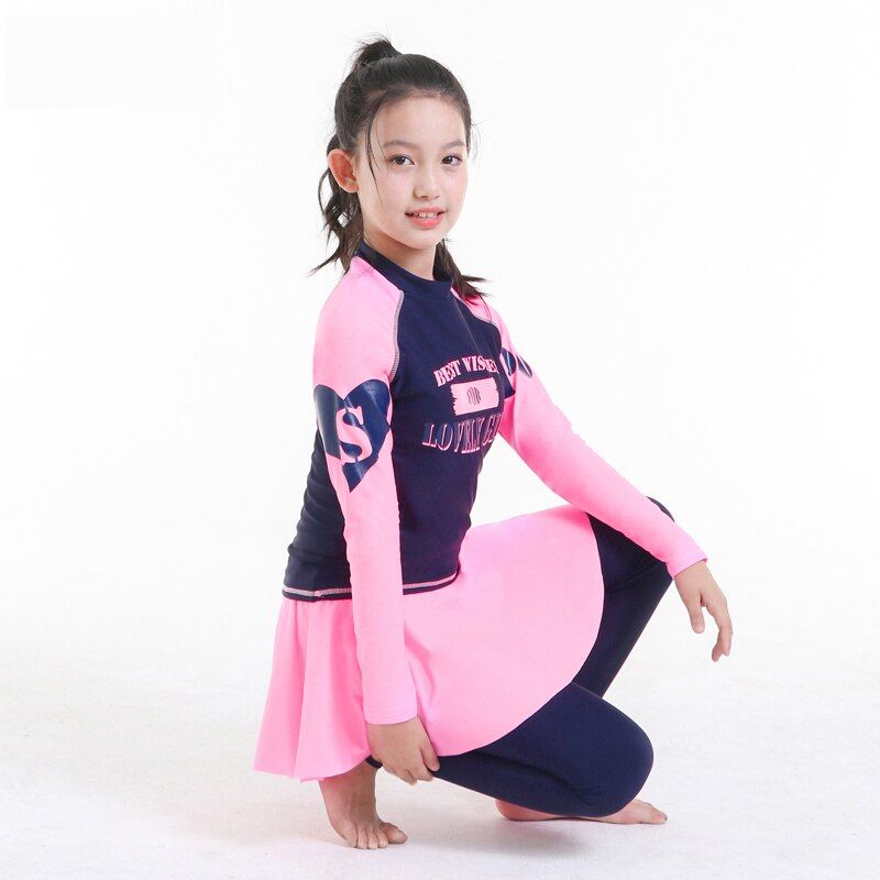 Teenager Girl Rashguard Swimsuit Long Sleeve Padded Shirt Pants With Skirt Chindren Kids Beach Wear 10-16Y Pink