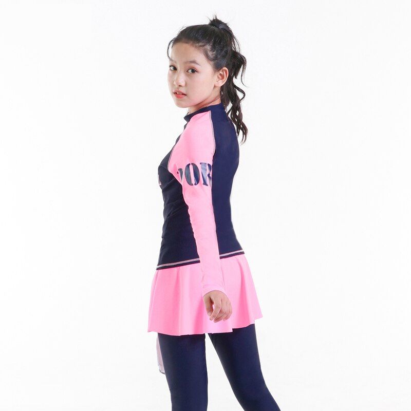 Teenager Girl Rashguard Swimsuit Long Sleeve Padded Shirt Pants With Skirt Chindren Kids Beach Wear 10-16Y Pink