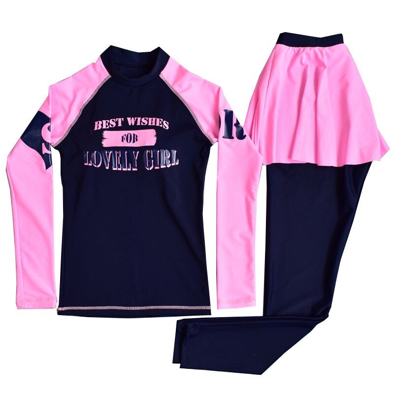 Teenager Girl Rashguard Swimsuit Long Sleeve Padded Shirt Pants With Skirt Chindren Kids Beach Wear 10-16Y Pink