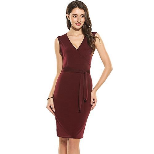 Women Sexy Front Cross V-Neck Sleeveless Solid Pullover Elastic Slim Tank Package Hip Dress ( Red )