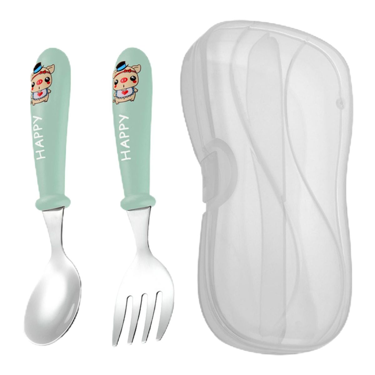 2 Pieces Spoon Fork Set With Storage Box Cute For Infant 2 Year Green