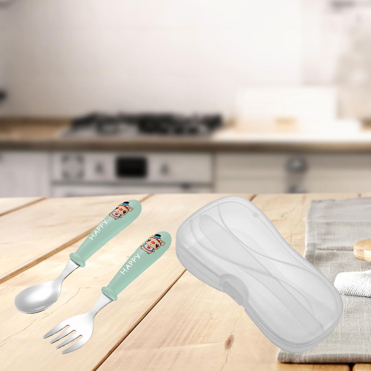 2 Pieces Spoon Fork Set With Storage Box Cute For Infant 2 Year Green