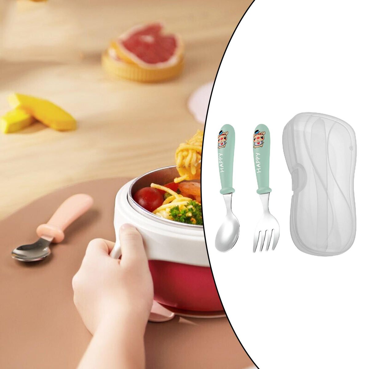 2 Pieces Spoon Fork Set With Storage Box Cute For Infant 2 Year Green