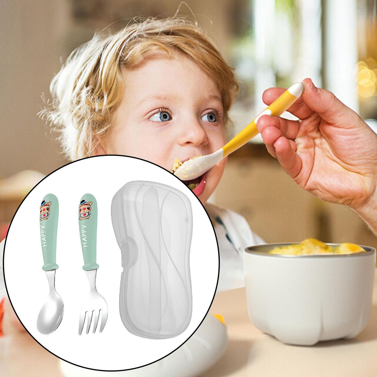 2 Pieces Spoon Fork Set With Storage Box Cute For Infant 2 Year Green