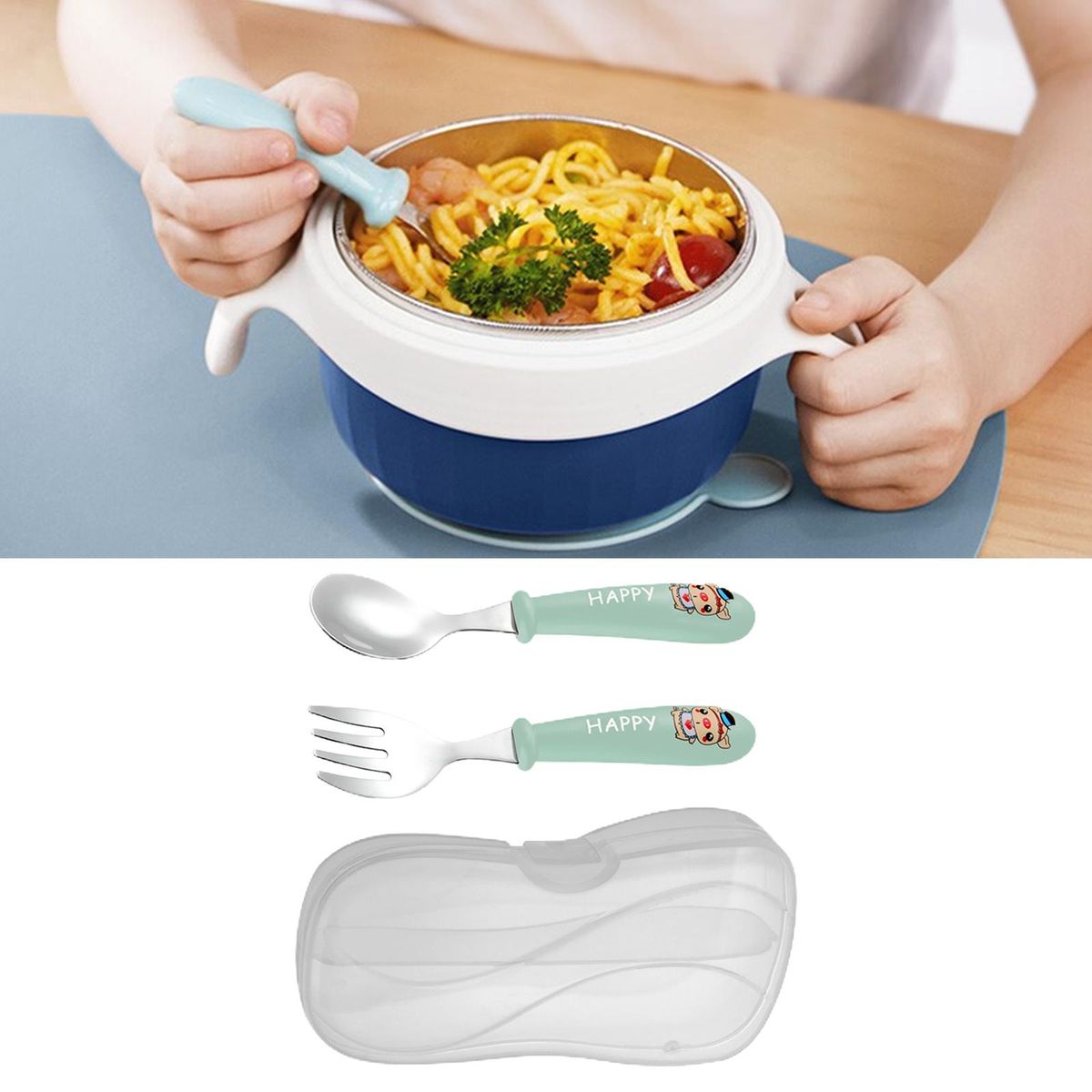 2 Pieces Spoon Fork Set With Storage Box Cute For Infant 2 Year Green