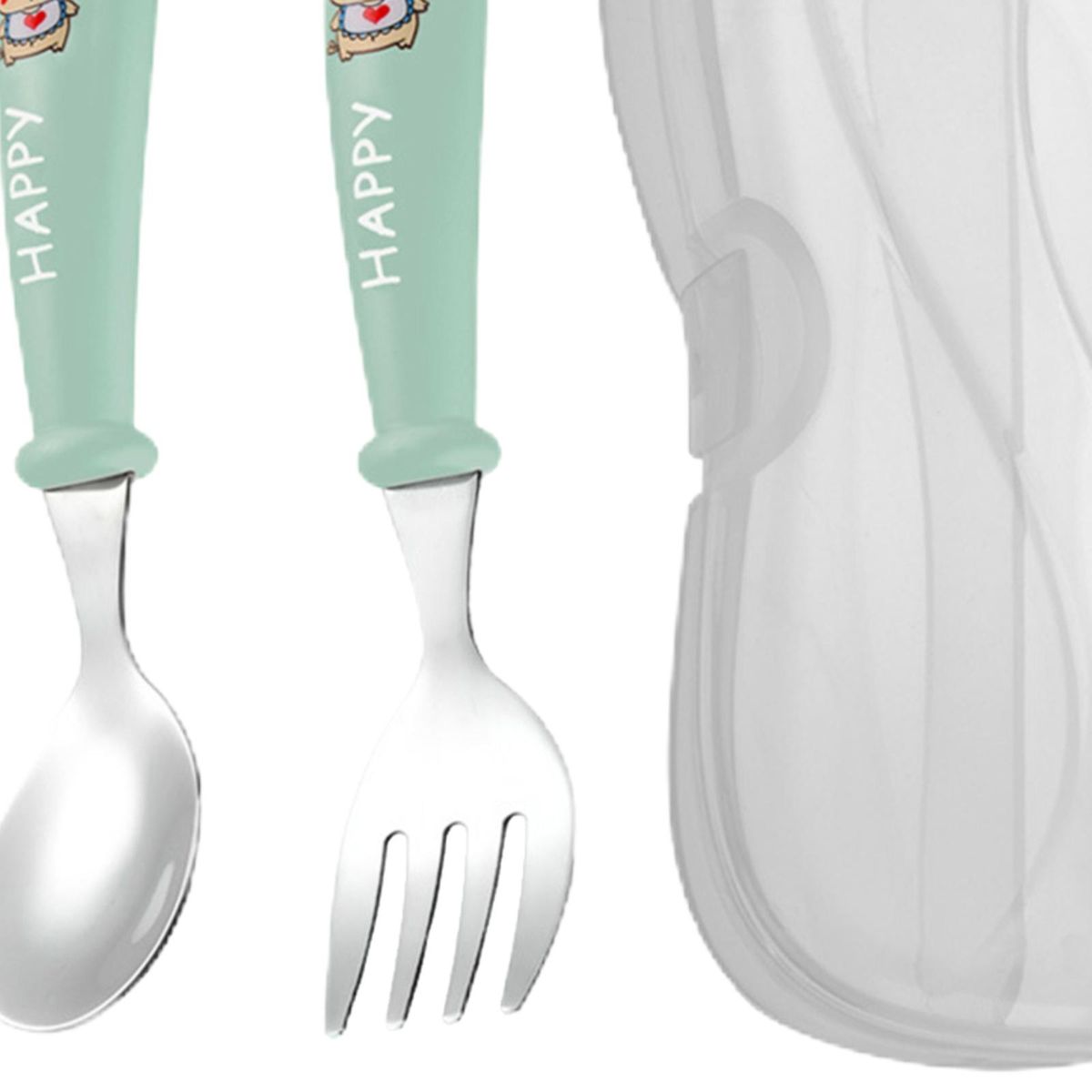 2 Pieces Spoon Fork Set With Storage Box Cute For Infant 2 Year Green