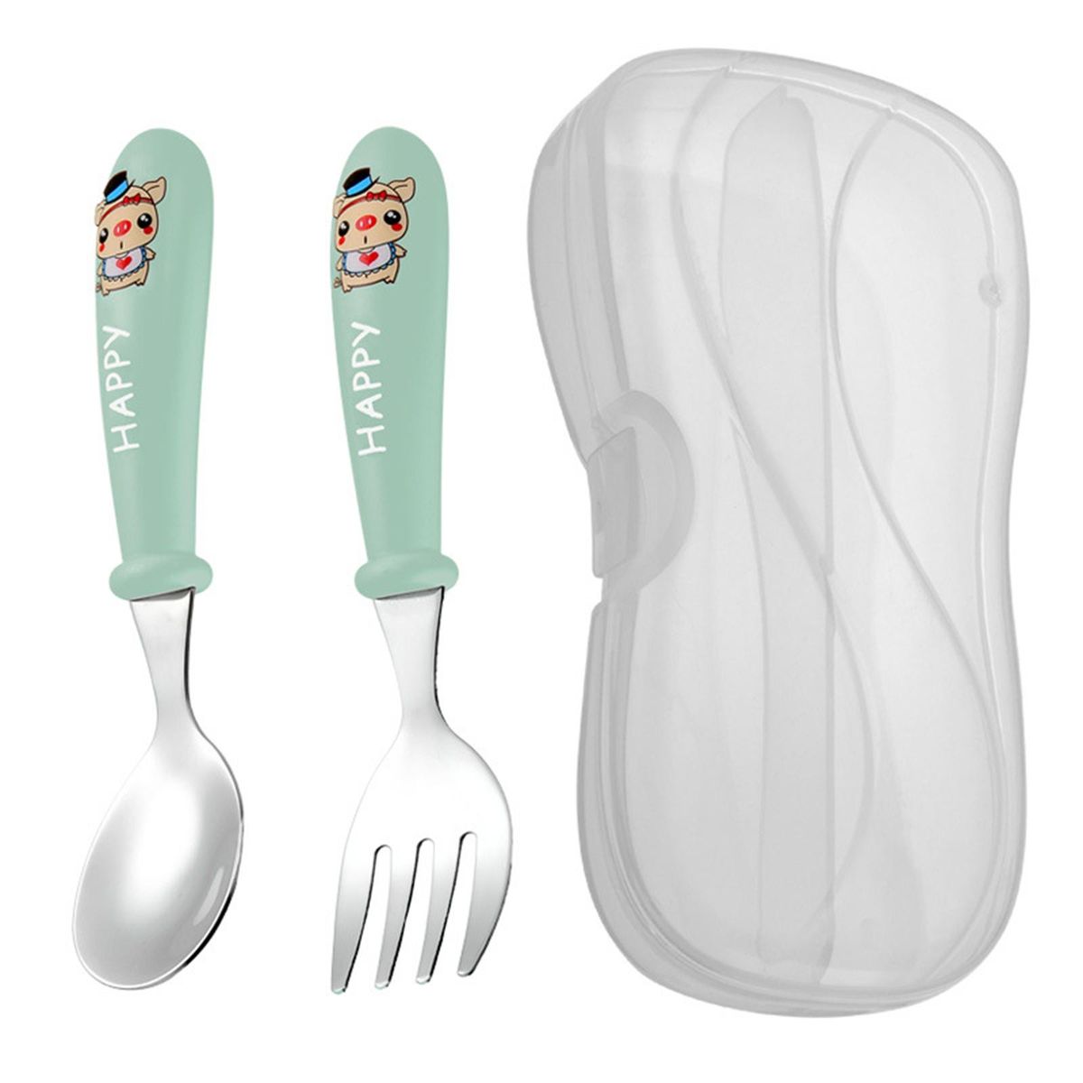 2 Pieces Spoon Fork Set With Storage Box Cute For Infant 2 Year Green