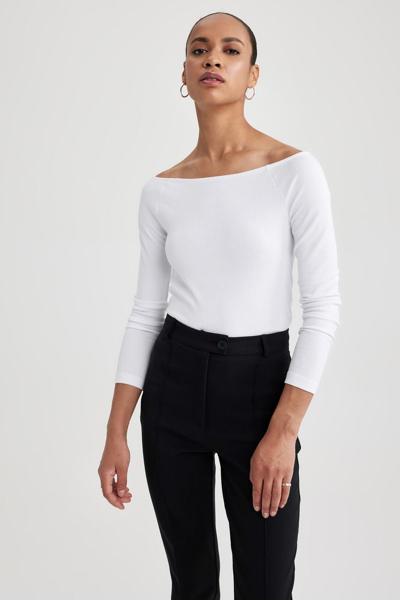 Woman Casual Slim Fit Boat Neck Knitted Long Sleeve T-Shirt - White