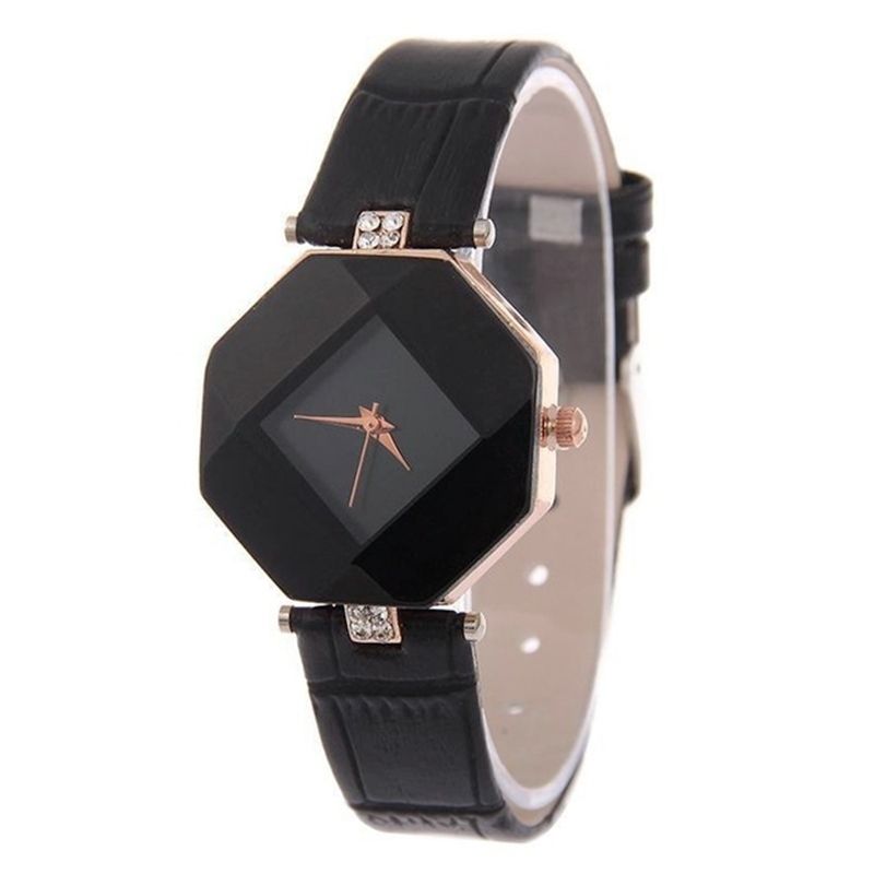 Gem Cut Geometry Crystal Leather Quartz Wristwatch Fashion Watch For Ladies(Black)