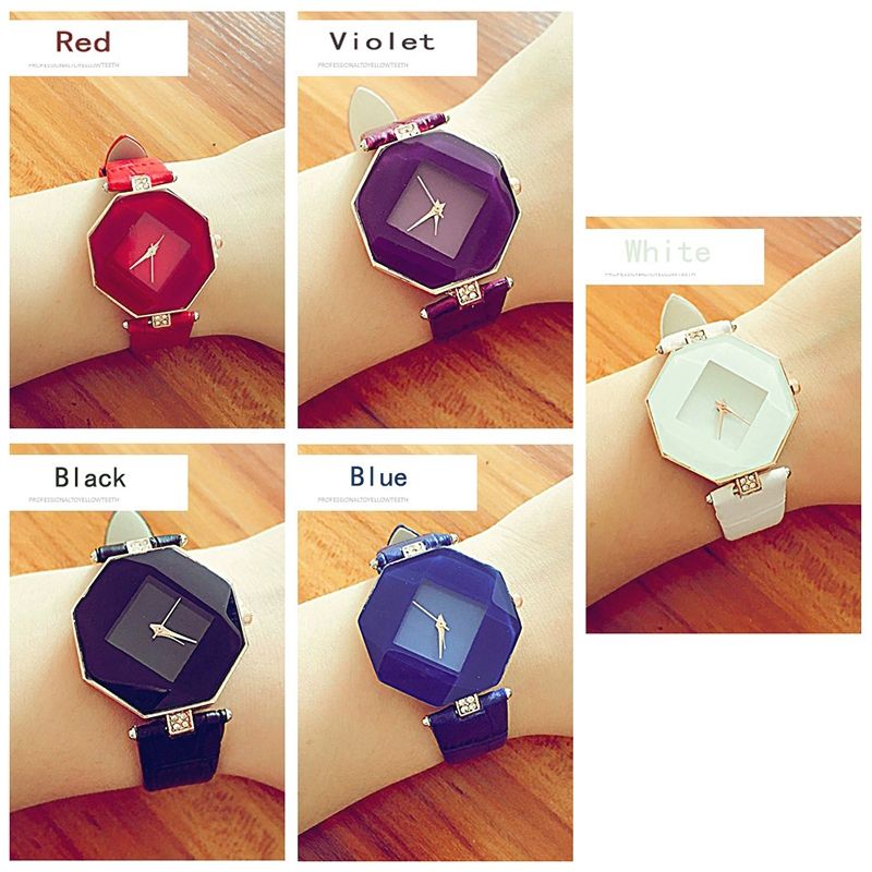 Gem Cut Geometry Crystal Leather Quartz Wristwatch Fashion Watch For Ladies(Black)