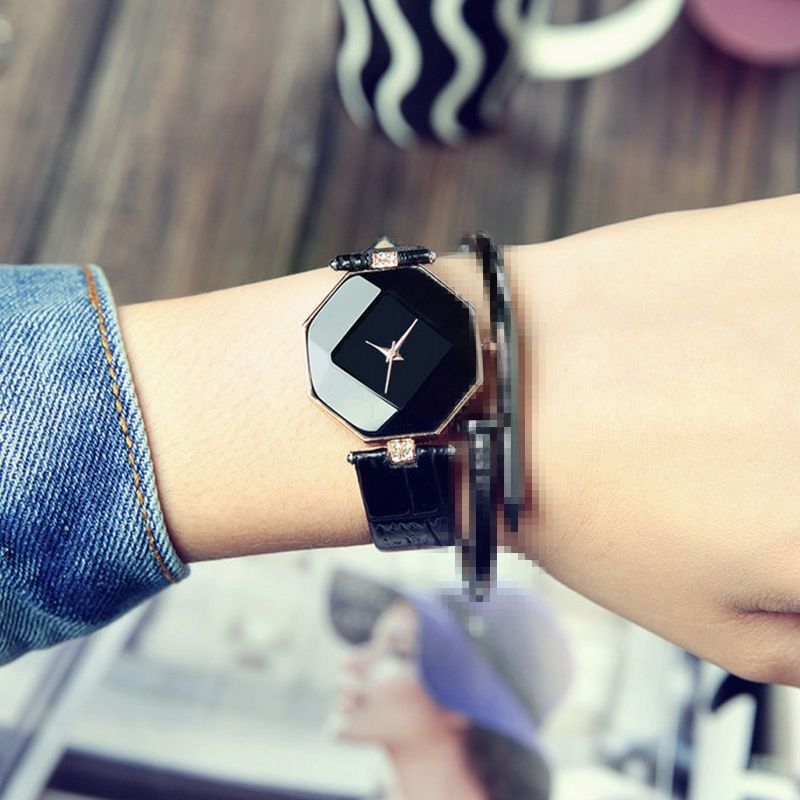 Gem Cut Geometry Crystal Leather Quartz Wristwatch Fashion Watch For Ladies(Black)