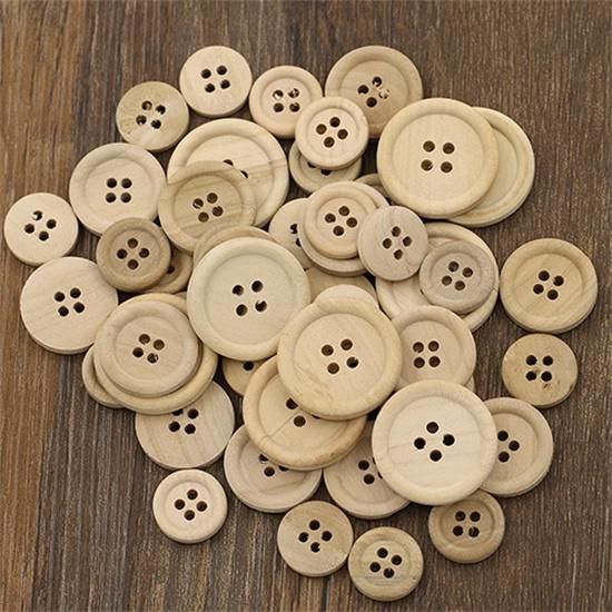 50 Pcs Mixed Wooden Buttons Natural Color Round 4-Holes Sewing Scrapbooking DIY