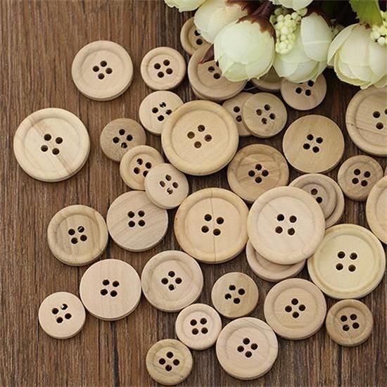 50 Pcs Mixed Wooden Buttons Natural Color Round 4-Holes Sewing Scrapbooking DIY