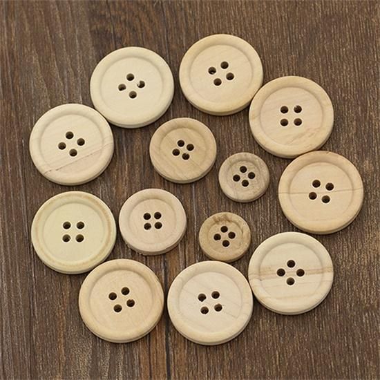 50 Pcs Mixed Wooden Buttons Natural Color Round 4-Holes Sewing Scrapbooking DIY