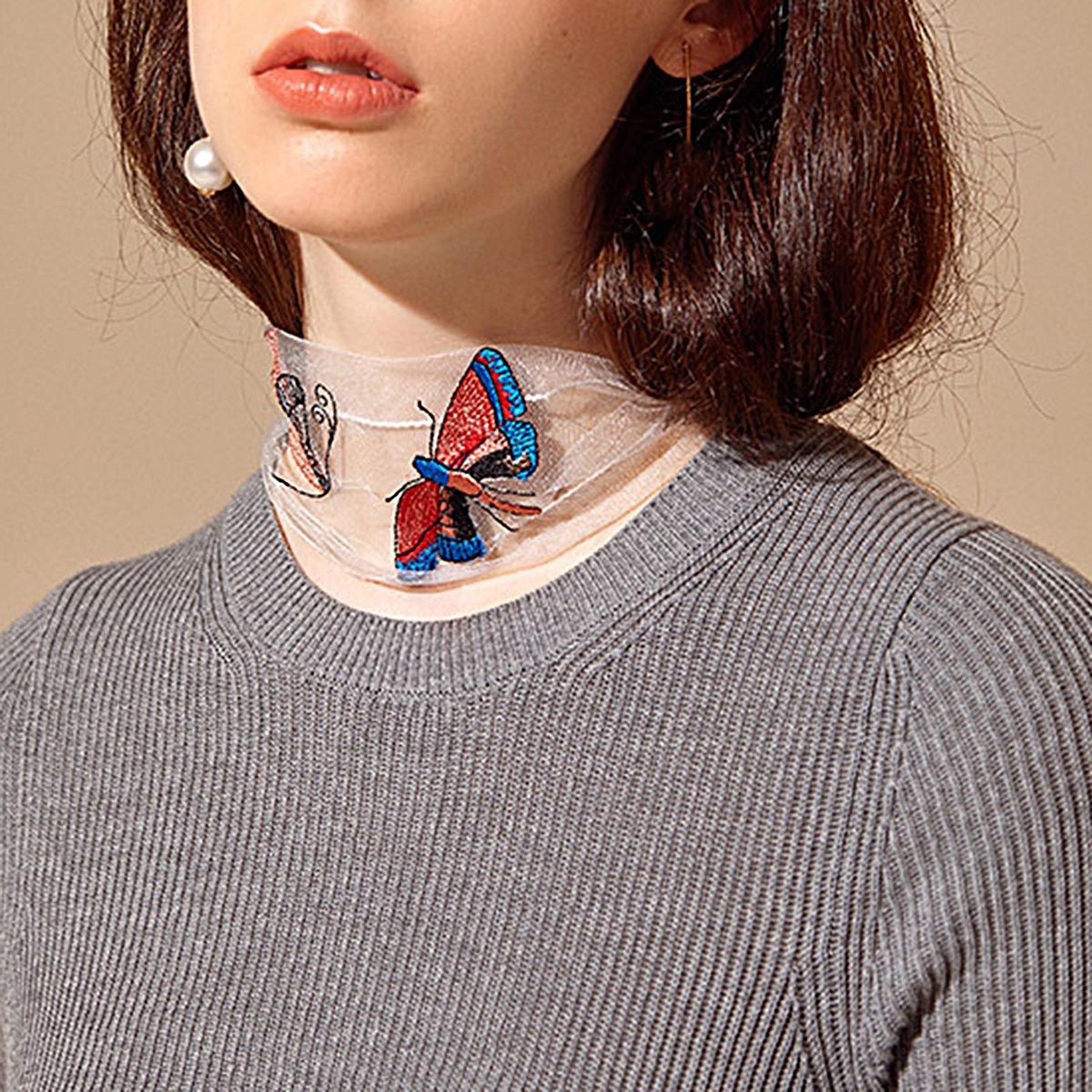 Decorative Neck Scarf Thin Embroidered Butterfly-White