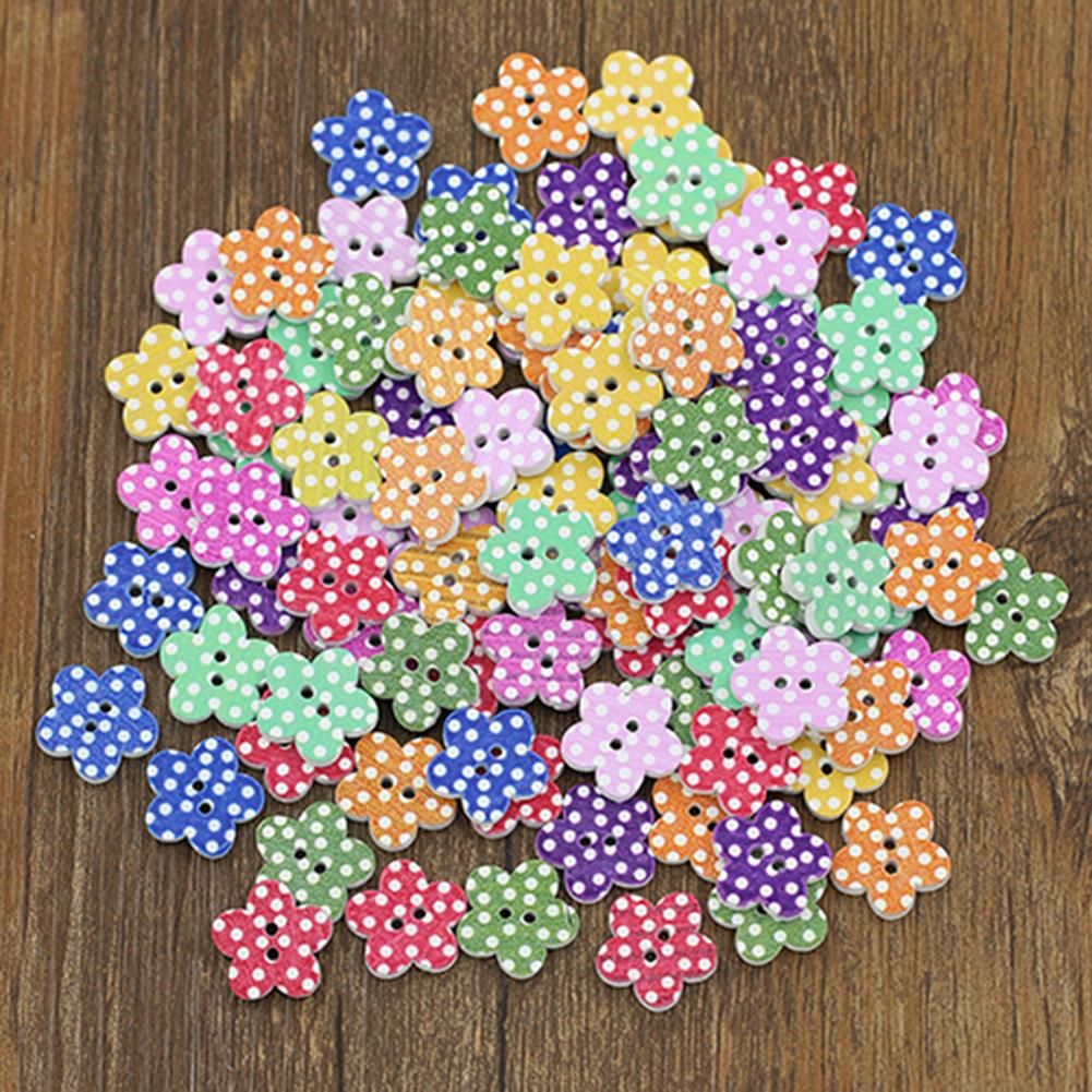 100 Pcs Lovely Wooden Buttons DIY Sewing Scrapbooking Flower Dots Mixed 15 X 2mm