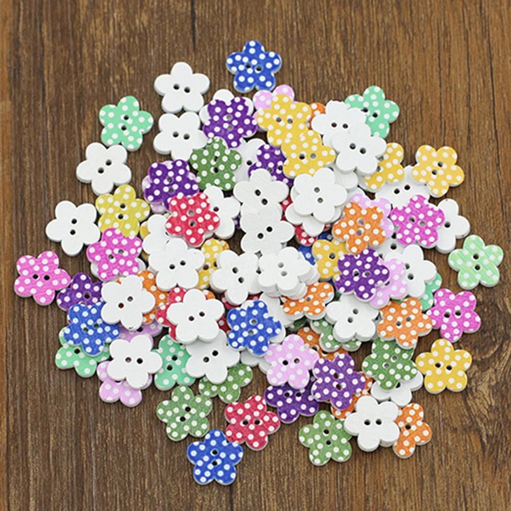 100 Pcs Lovely Wooden Buttons DIY Sewing Scrapbooking Flower Dots Mixed 15 X 2mm