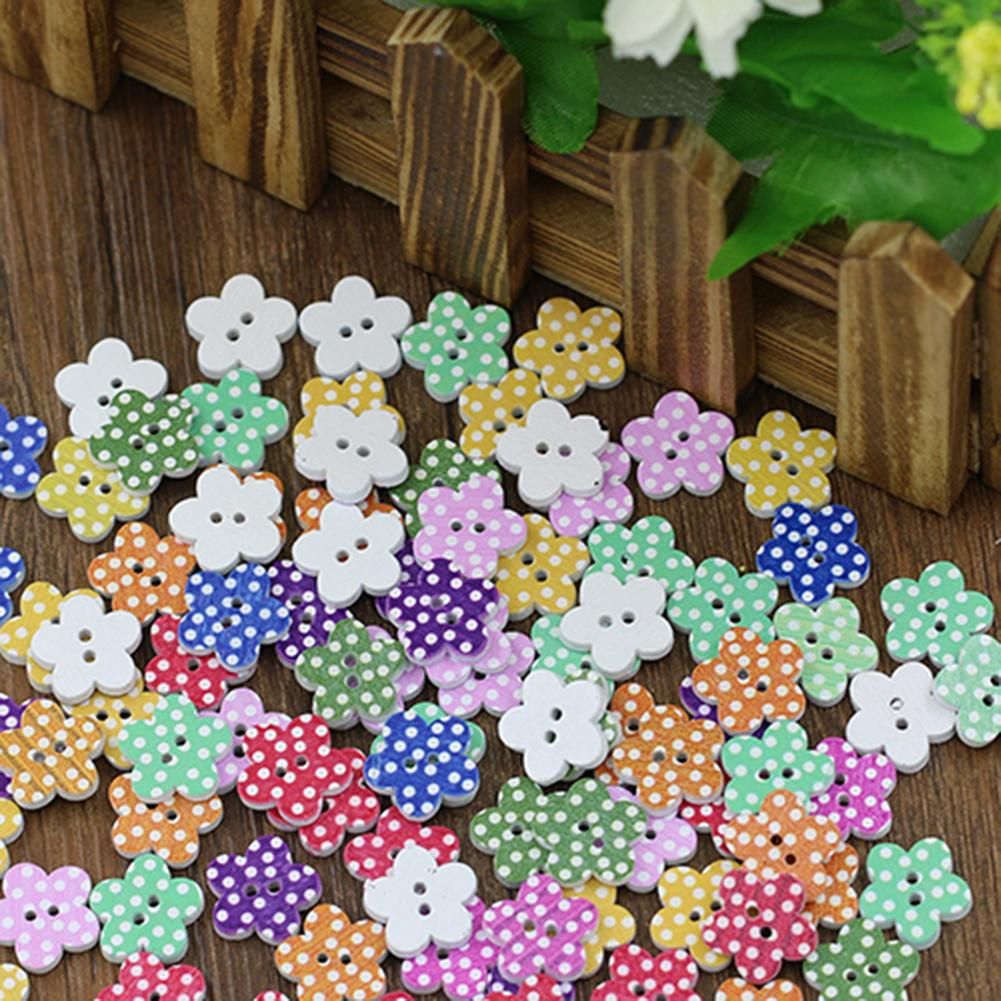 100 Pcs Lovely Wooden Buttons DIY Sewing Scrapbooking Flower Dots Mixed 15 X 2mm