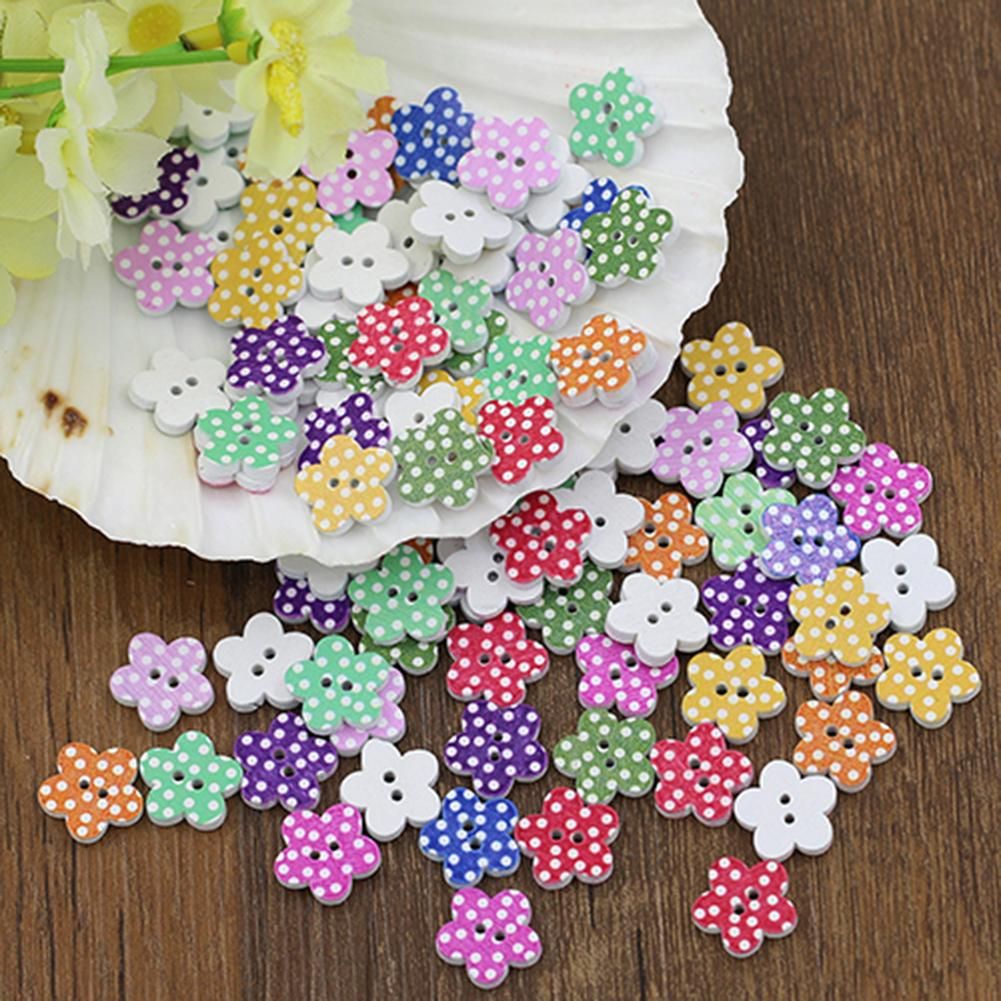 100 Pcs Lovely Wooden Buttons DIY Sewing Scrapbooking Flower Dots Mixed 15 X 2mm
