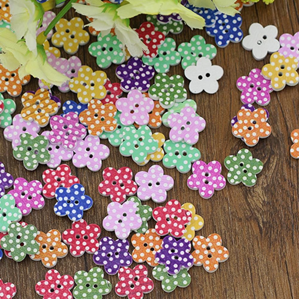 100 Pcs Lovely Wooden Buttons DIY Sewing Scrapbooking Flower Dots Mixed 15 X 2mm