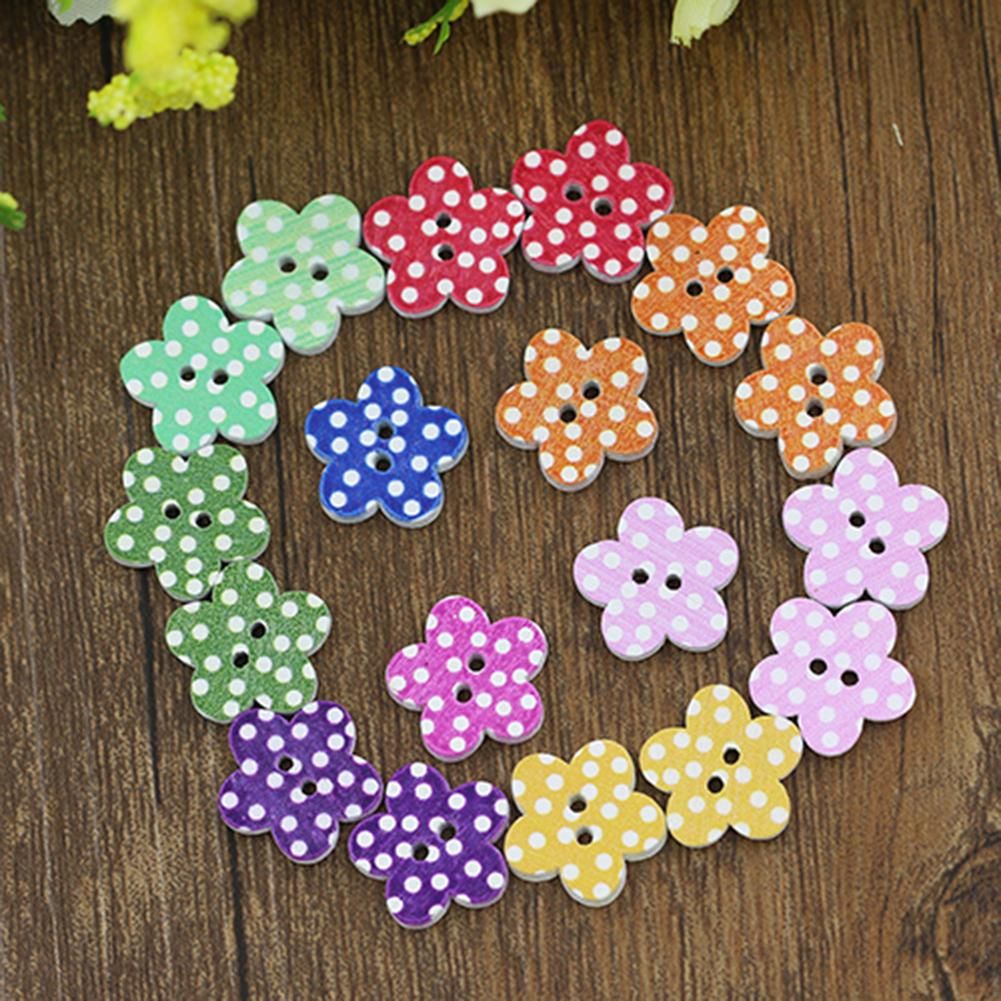 100 Pcs Lovely Wooden Buttons DIY Sewing Scrapbooking Flower Dots Mixed 15 X 2mm