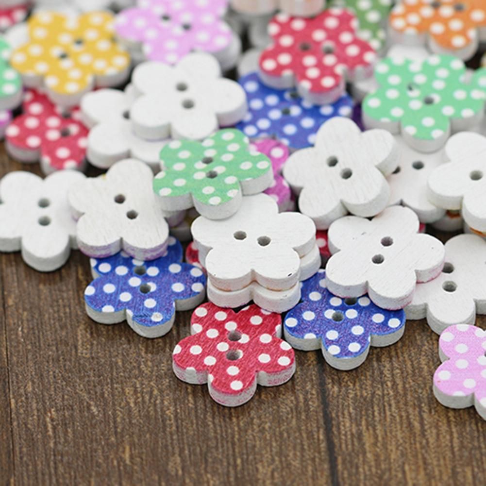 100 Pcs Lovely Wooden Buttons DIY Sewing Scrapbooking Flower Dots Mixed 15 X 2mm