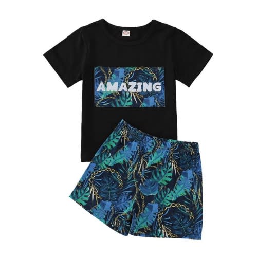 2 Pieces Boy Amazing Plant Chain Print Set Tee & Shorts