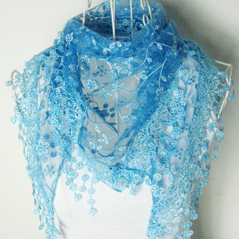 Elegant Triangle Floral Lace Wrap Scarf Women Tassel-Red