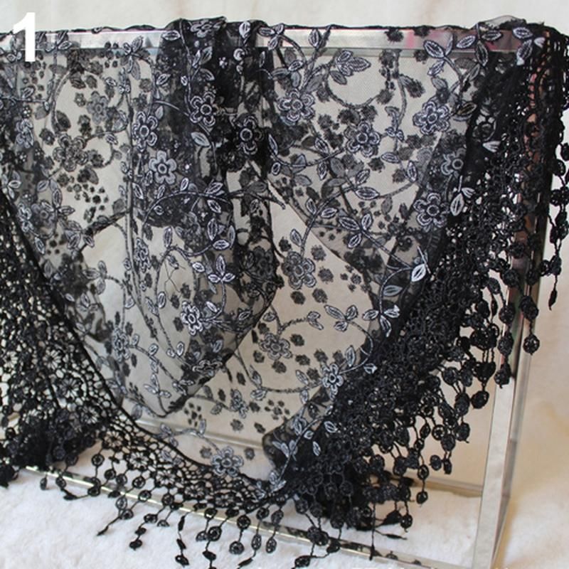 Elegant Triangle Floral Lace Wrap Scarf Women Tassel-Red