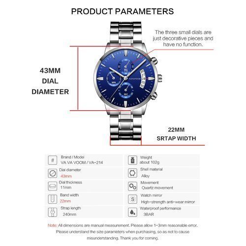 Stainless Steel Wristwatch Quartz Business Watch Blue