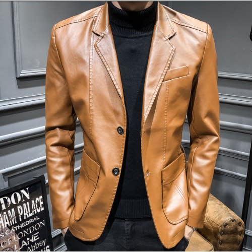 Mens Pu Leather Jacket Blazer -Brown