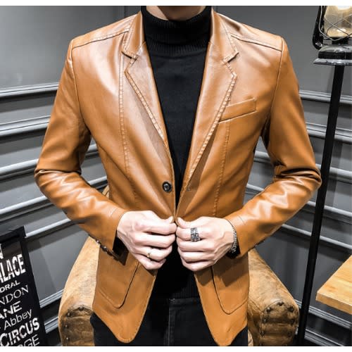 Mens Pu Leather Jacket Blazer -Brown