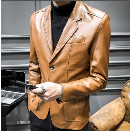 Mens Pu Leather Jacket Blazer -Brown