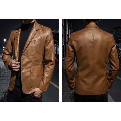 Mens Pu Leather Jacket Blazer -Brown