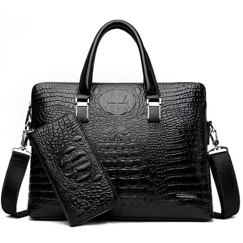 Leather Messenger Briefcase - Black