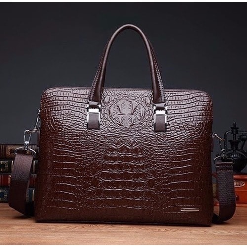 Men's Crocodile Skin Messenger Bag - Brown