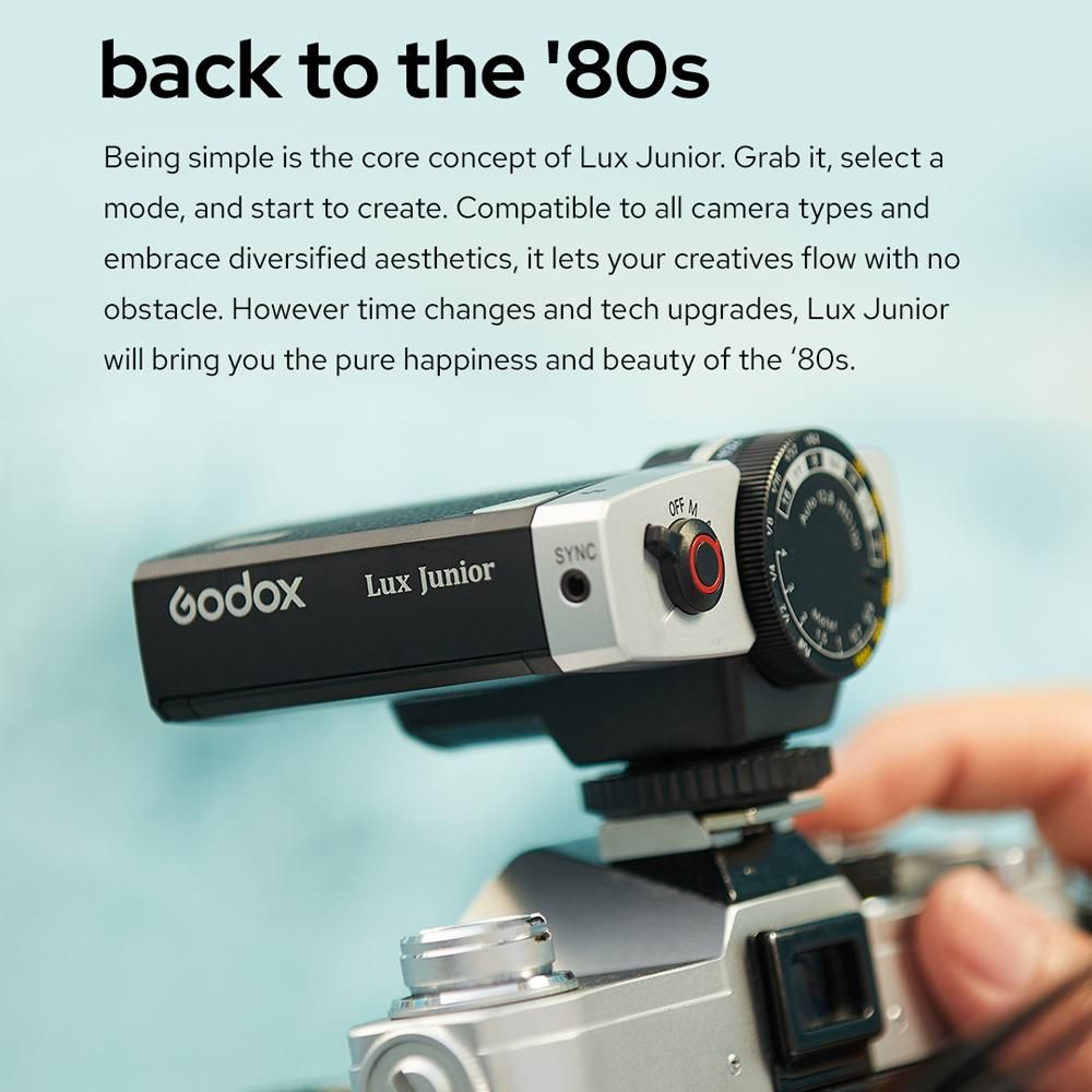 Godox Lux Junior Retro Camera Flash GN12 6000K Color Temperature Auto & Manual Modes 1/1-1/64 Flash Power 28mm Focal Length Replacement for Canon Nikon Sony Fuji Olympus Hot-shoe Cameras