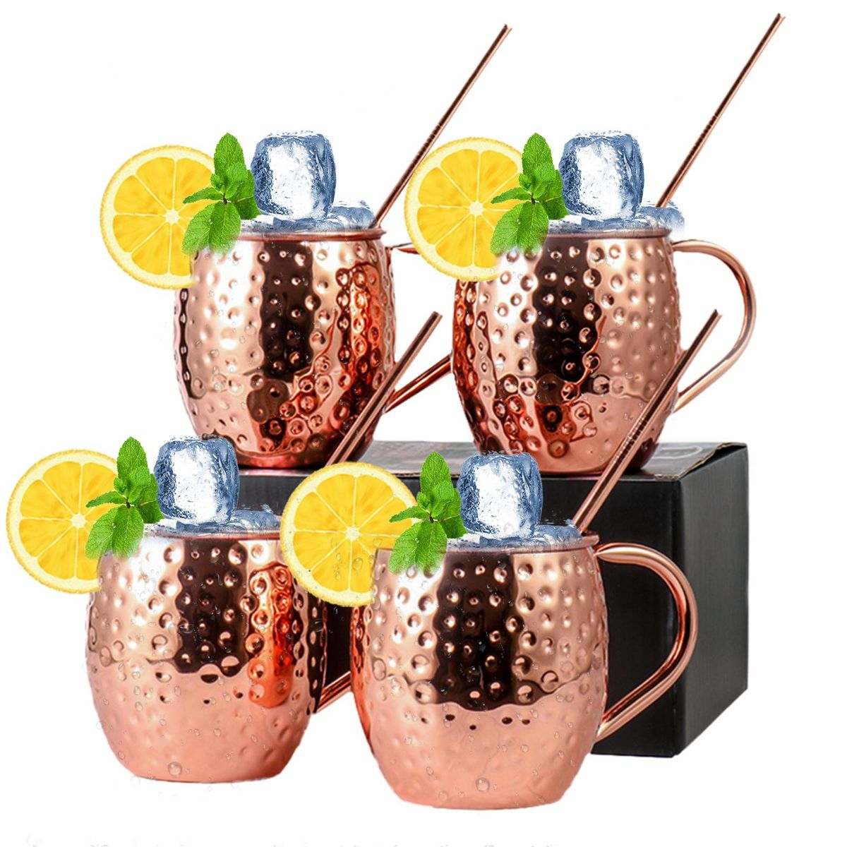 Moscow Mule Copper Mugs Set of 4 Pure Copper Plating Mugs 18-oz Stainless Steel Drinking Cup with 4 Cocktail Copper Straws Great Dining Entertaining Bar Gift Set