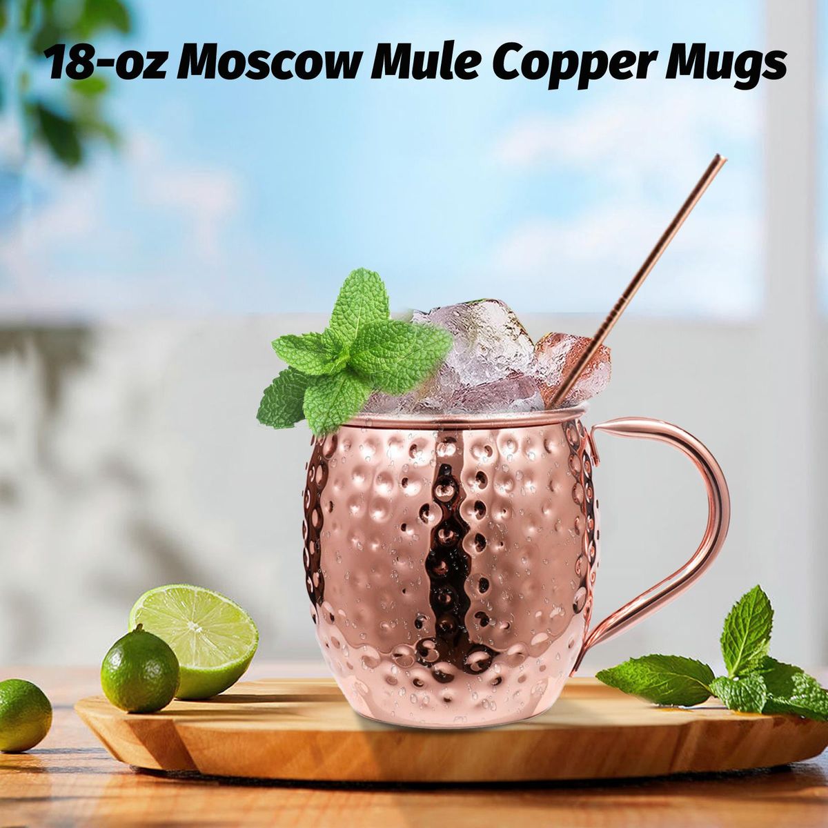 Moscow Mule Copper Mugs Set of 4 Pure Copper Plating Mugs 18-oz Stainless Steel Drinking Cup with 4 Cocktail Copper Straws Great Dining Entertaining Bar Gift Set