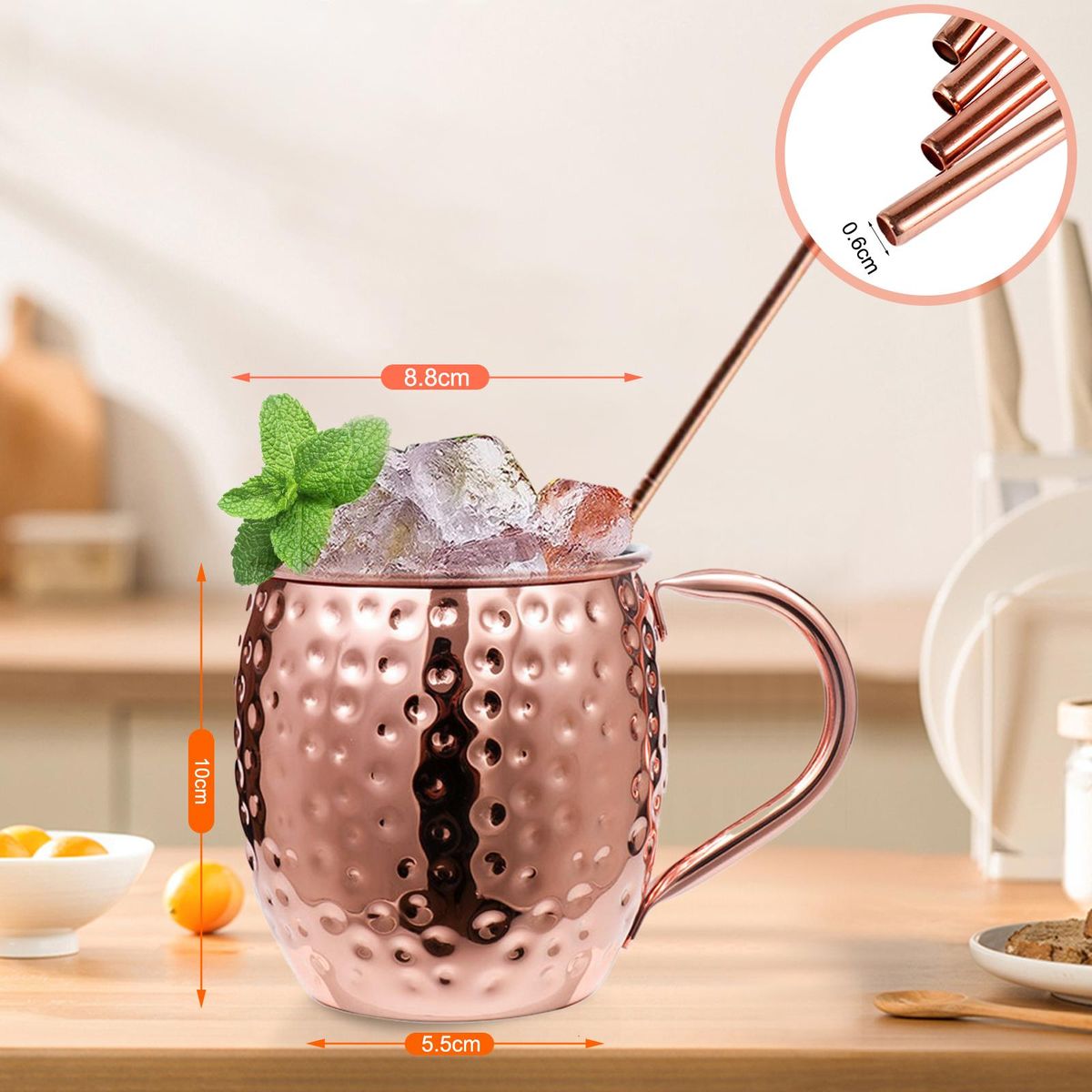 Moscow Mule Copper Mugs Set of 4 Pure Copper Plating Mugs 18-oz Stainless Steel Drinking Cup with 4 Cocktail Copper Straws Great Dining Entertaining Bar Gift Set