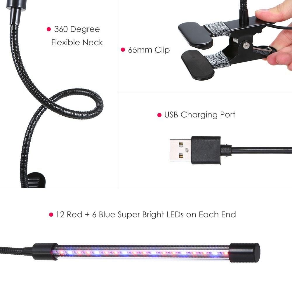 DC 5V 8W One-headed LEDs Plant Growing Light with Adjustable 360° Goosenecks Red and Blue Light Bulbs USB Charging Clip-on Grow Lamp Auto Off with 3/9/12H Cycle Timing Function 5 Dimmable Levels & 3 Spectrum Modes for Indoor