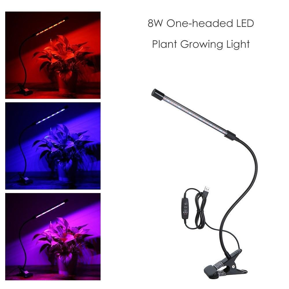 DC 5V 8W One-headed LEDs Plant Growing Light with Adjustable 360° Goosenecks Red and Blue Light Bulbs USB Charging Clip-on Grow Lamp Auto Off with 3/9/12H Cycle Timing Function 5 Dimmable Levels & 3 Spectrum Modes for Indoor