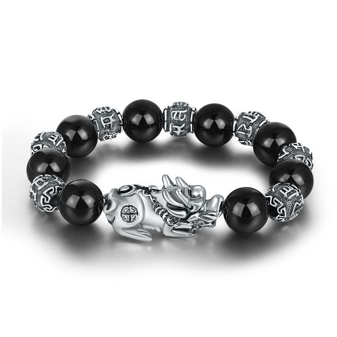 Mens Feng Shui Black Obsidian Wealth Bracelet Necklace Set