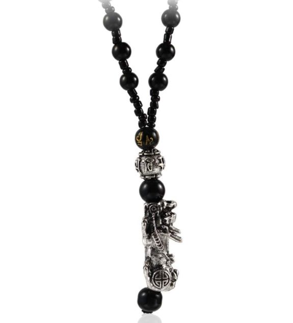 Mens Feng Shui Black Obsidian Wealth Bracelet Necklace Set