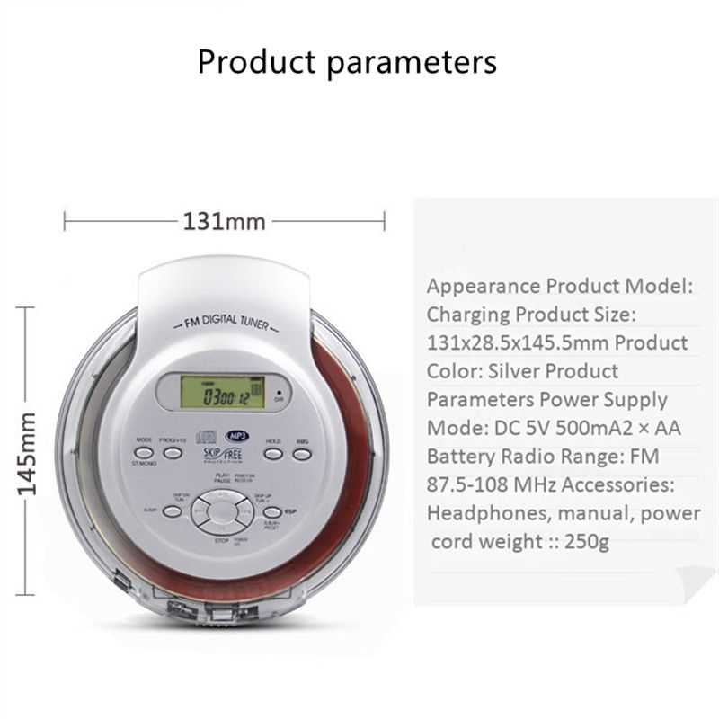 Portable CD Walkman Discs Player Support English MP3 Disc With Headset Play Music LCD Display Audio Output FM Radio Shockproof