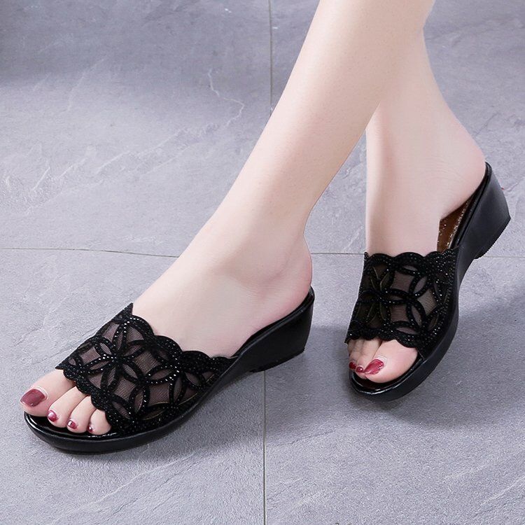 High Quality Shiny Wedge Sandals For Women - Black