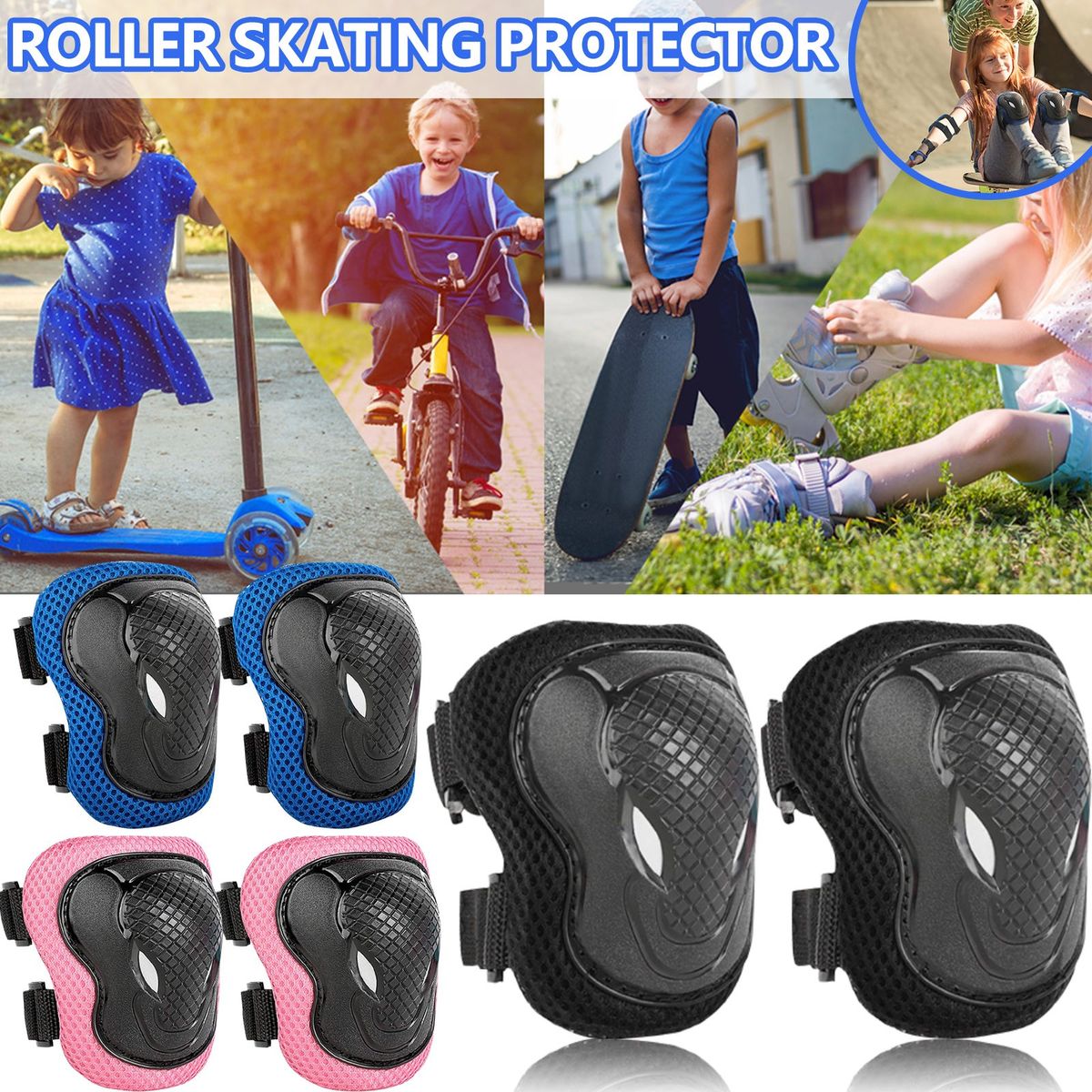 Cushion Knee Elbow Pads Pads Child Cover Wrist Spo Guards Protection Outdoor Sports Roller Guard Rollerskating Padding Women-Blue