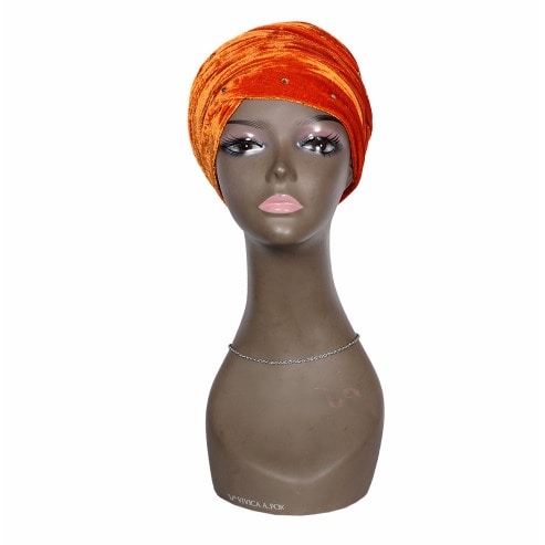 Stone Studded Velvet Wrap Turban - Orange